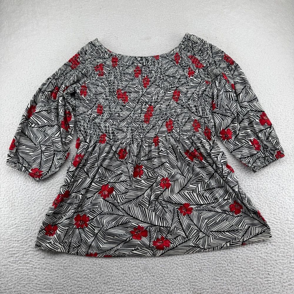 J.Jill‎ Mini Dress Womens Medium White Black Red Floral 3/4 Sleeve Scoop Neck